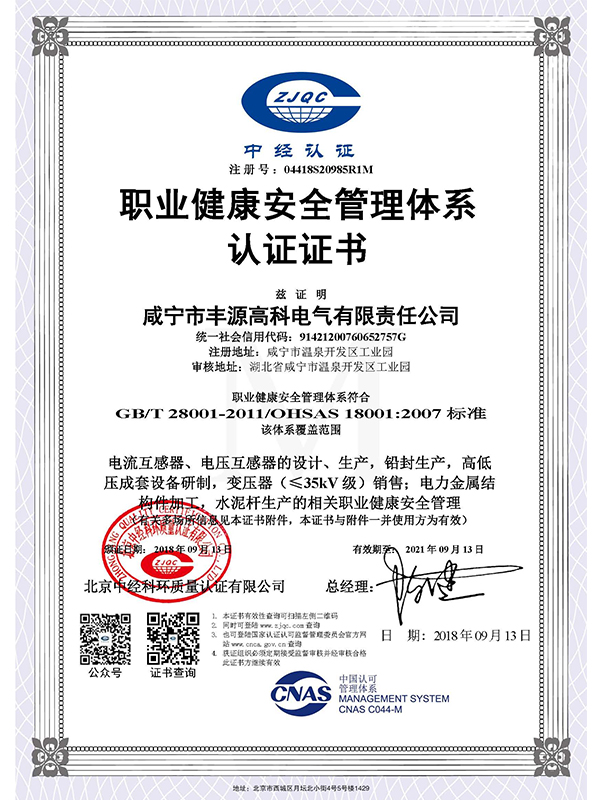 職業(yè)健康安全管理體系認(rèn)證證書